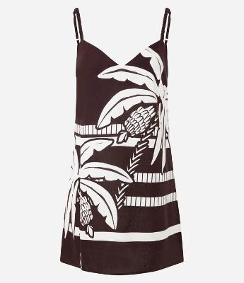 Vestido Curto Evasê em Linho com  Decote V e Estampa Coqueiro