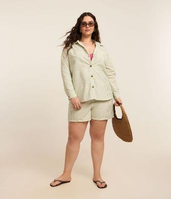 Short Comfy em Sarja Listrada com Cós Elástico Curve & Plus Size