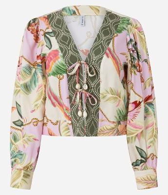 Blusa Manga Longa com Estampa Tropical e Amarração