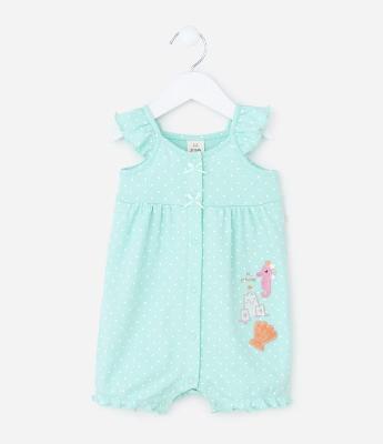 Macaquinho Infantil Suedine Poa com Babado e Bordado – Tam RN a 18 Meses