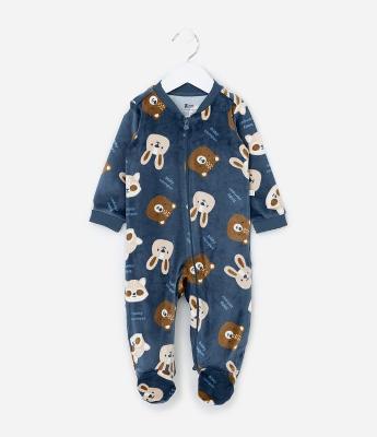 Macacão Infantil em Plush com Ursos e Coelhos - Tam 0 a 24 meses
