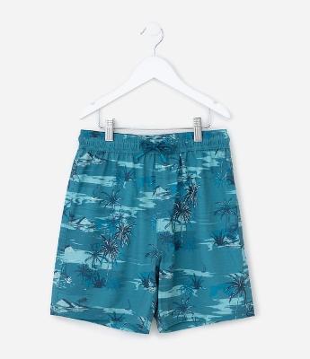 Bermuda Infantil de Banho com Estampa Tropical - Tam 5 a 14 Anos