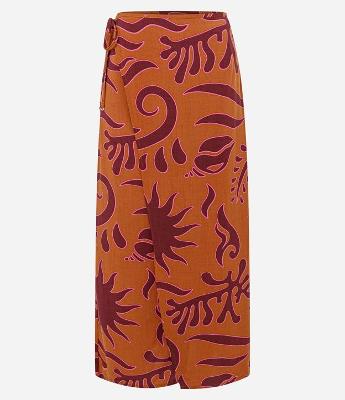 Saia Midi em Viscolinho Transpassada com Estampa Sun Longboard