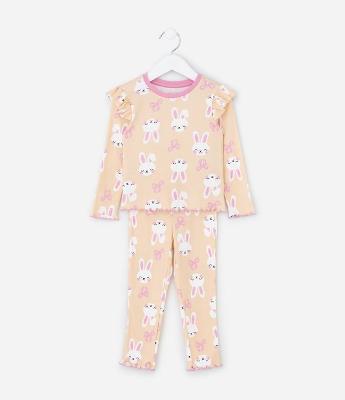 Pijama Infantil com Estampa Coelhos e Babados – Tam 1 a 6 Anos