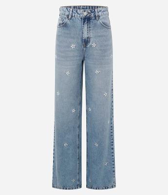 Calça Jeans Reta em Denim com Estampa Flor Hibiscos