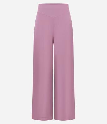 Calça Wide Leg em Ribana com Cós Elástico e Detalhe em V