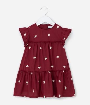 Vestido Infantil com Babados e Estampa de Corações - Tam 1 a 6 Anos