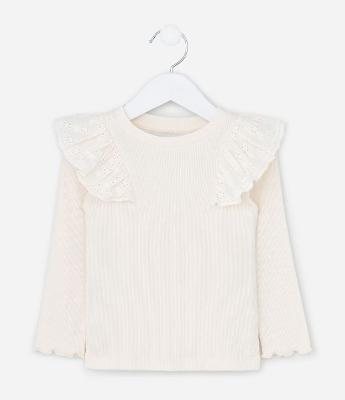 Blusa Infantil em Ribana com Babado Broderie - Tam 1 a 6 Anos