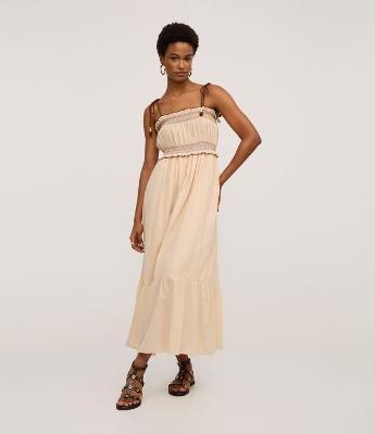 Vestido Longo em Algodão com Bordado e Lastex no Busto