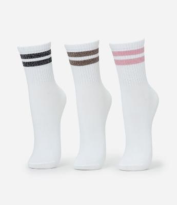 Kit 03 Meias Esportivas em Poliamida com Listras em Fio Metalizado