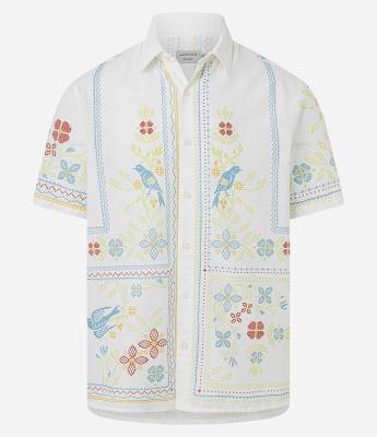 Camisa Comfort em Linho com Estampa Floral Bordada