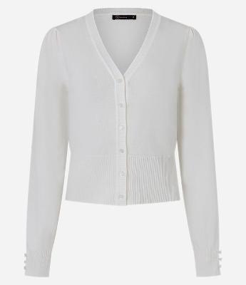 Cardigan em Tricô com Gola V e Botões Perolados