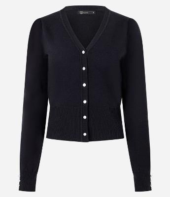 Cardigan em Tricô com Gola V e Botões Perolados