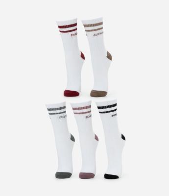 Kit 05 Meias Esportivas Cano Alto em Algodão com Listras e Lettering