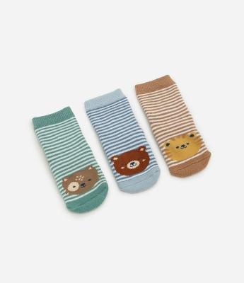Kit 03 Meias Infantis Listradas com Cara de Bichinho - Tam RN a 12 meses