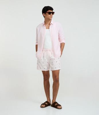 Bermuda de Praia em Microfibra com Barco Bordado e Listras