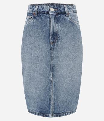 Saia Jeans Reta com Cintura Alta e Bolsos