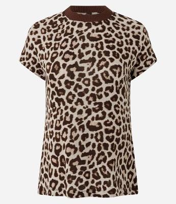 Camiseta Regular em Tricô com Gola Alta e Estampa Animal Print