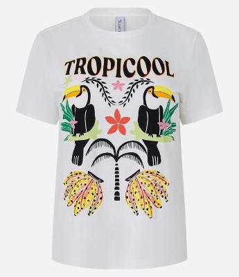 Camiseta em Algodão com Estampa Tropical de Tucanos