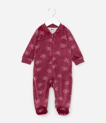 Macacão Infantil em Plush com Estampa de Laços - Tam 0 a 18 meses