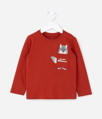 Camiseta Infantil Manga Longa com Bolsinho e Estampa Animal – Tam 1 a 5/6 Anos