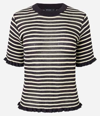 Blusa Ajustada em Tricô com Frufrus e Estampa de Listras