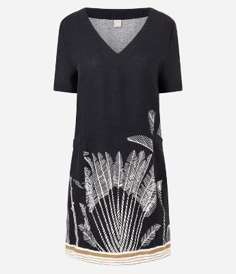 Vestido Manga Curta em Viscolinho com Estampa de Folhagem