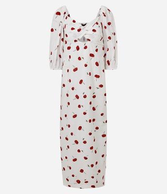 Vestido Longo com Marga Curta e Estampa de Cerejas