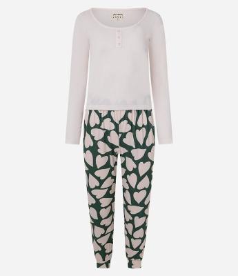 Pijama Longo em Ribana com Estampa de Coração