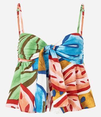 Blusa Sem Manga em Viscolinho com Estampa de Folhagem e Amarração Frontal