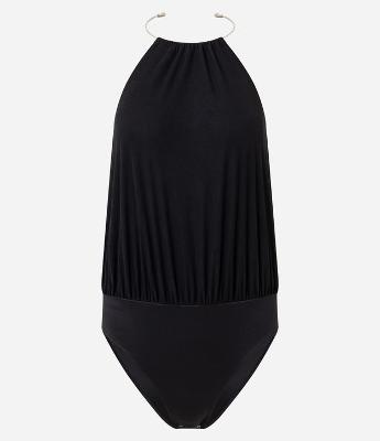 Body Frente Única em Microfibra com Tule e Aviamento Colar