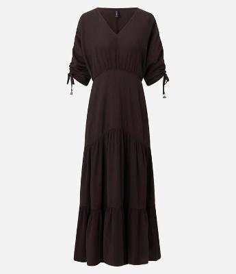 Vestido Manga Curta em Viscolinho com Amarração e Textura Crinckle