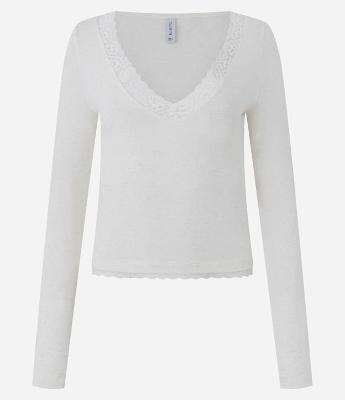 Blusa Manga Longa em Malha Texturizada com Renda Aplicada