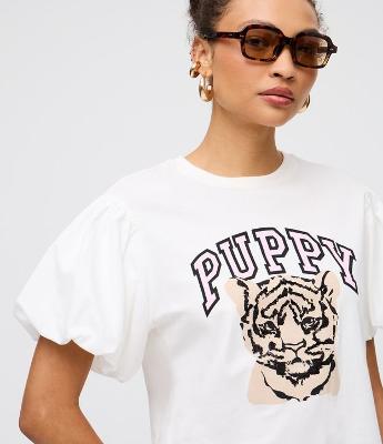 Camiseta com Manga Bufante e Estampa  Lettering Puppy