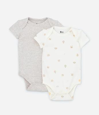 Kit 02 Bodies Infantil em Suedine com Mini Ícones – Tam RN a 12 Meses