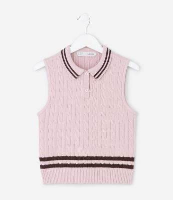 Colete Infantil em Tricô com Gola Polo e Trama Trançada – Tam 5 a 14 Anos