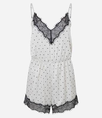 Pijama Curto Macacão em Cetim com Renda e Estampa Poá