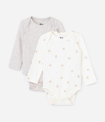 Kit 02 Bodies Infantil em Suedine com Mini Ícones – Tam RN a 12 Meses
