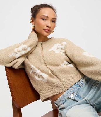 Cardigan Com Zíper Frontal e Estampa de Flores