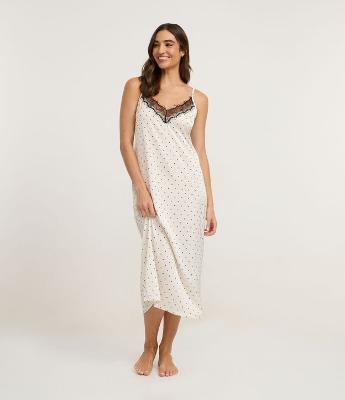 Camisola Longa de Cetim com Decote Rendado