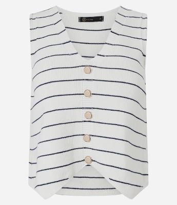 Colete em Tricô com Fechamento por Botões e Estampa Listrada