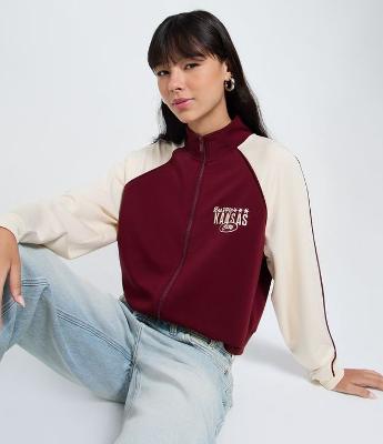 Casaco Moletom com Bordado Lettering e Mangas Contrastantes