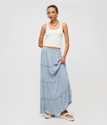 Saia Longa em Viscolinho com Estampa de Listras e Marias