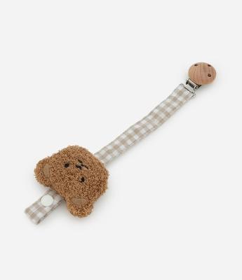 Prendedor de Chupeta Infantil com Carinha de Urso e Tira Vichy – Tam U