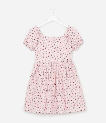 Vestido Infantil Floral com Lastex e Manga Bufante – Tam 5 a 14 Anos