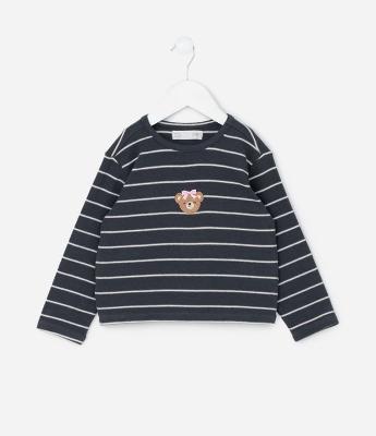 Camiseta Infantil em Jacquard Listrado com Bordado de Ursa – Tam 1 a 5/6 Anos