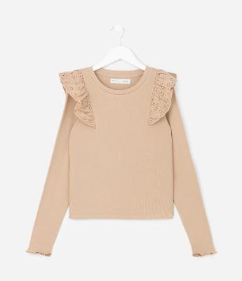 Camiseta Infantil Ribana com Babado de Broderi – Tam 5 A 14 Anos