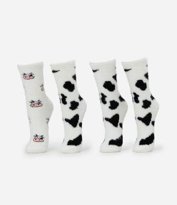 Kit 02 Meias Peludinhas de Cano Alto e Estampa Vaca