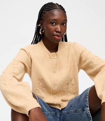 Cardigan em Tricô com Botões e Bordado Floral