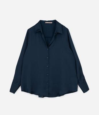 Camisa Regular em Cetim com Vista de Botões